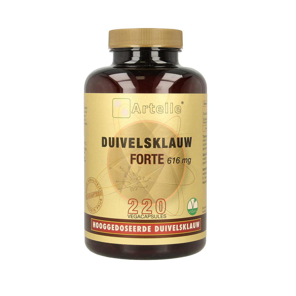Artelle Duivelsklauw Forte 616mg vegetarian capsules, herbal supplement in a bottle with capsules inside.