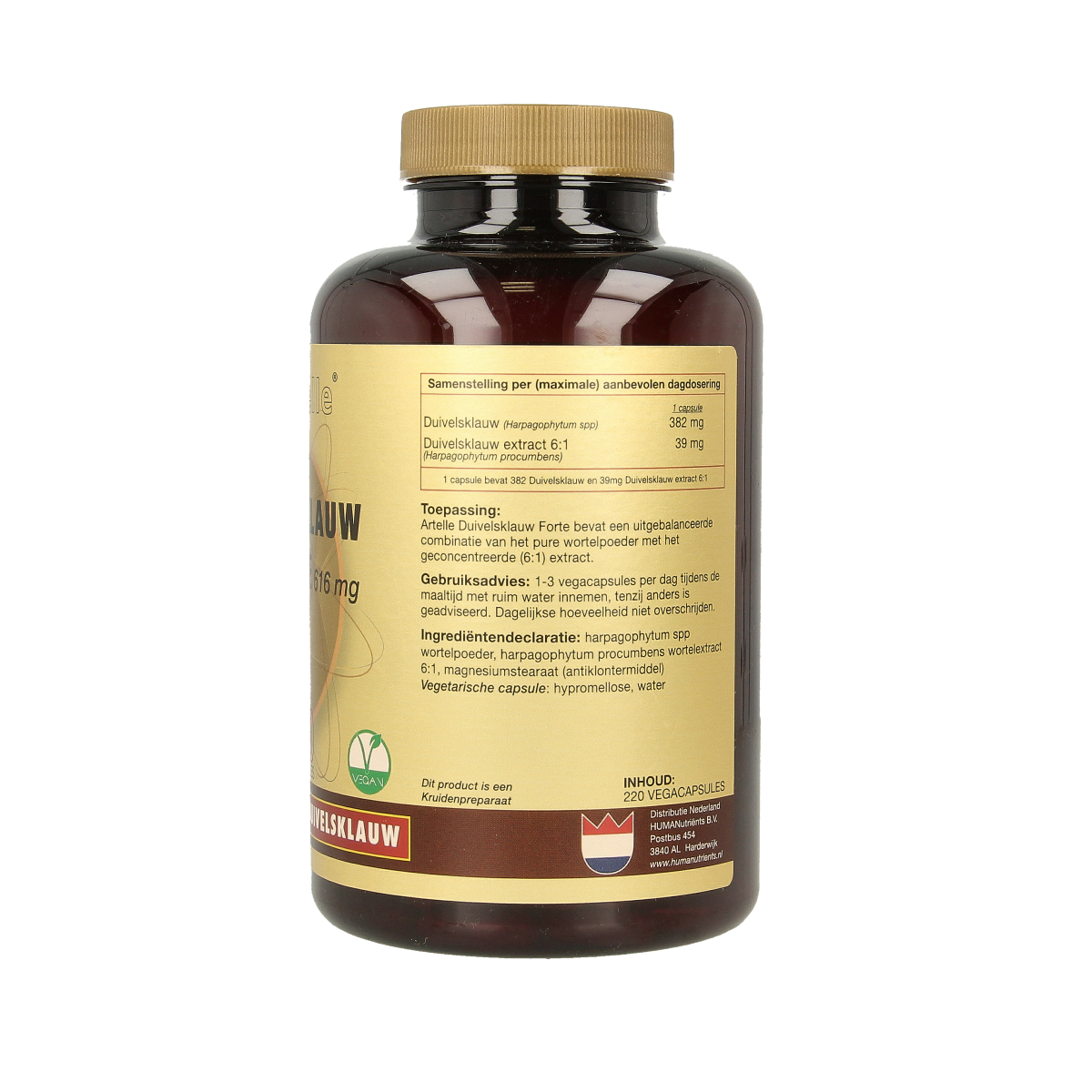 Artelle Duivelsklauw forte 616mg vegetarian capsules for herbal supplement, featuring plant-based capsules and detailed label.