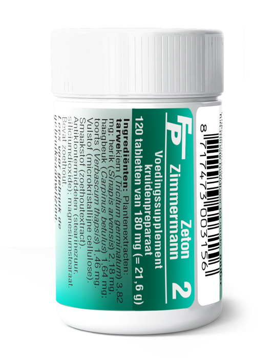 Medizimm Zeton 2 herbal supplement box containing 120 tablets, featuring product packaging with branding and label details.