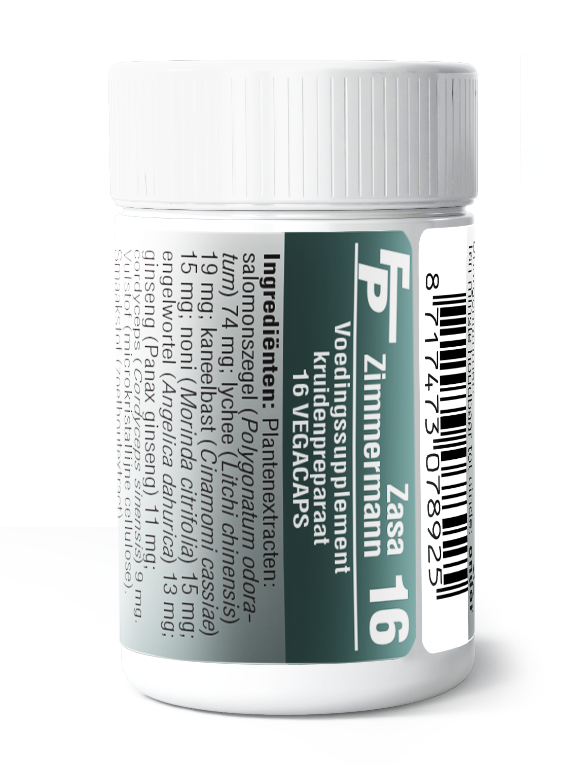 Medizimm Zasa 16 vegetarian herbal capsules in a clear container, showing the capsule contents and label.