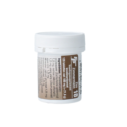 Medizimm Zizo 18 herbal supplement box with 120 tablets, natural herbal preparation in a white and green packaging.