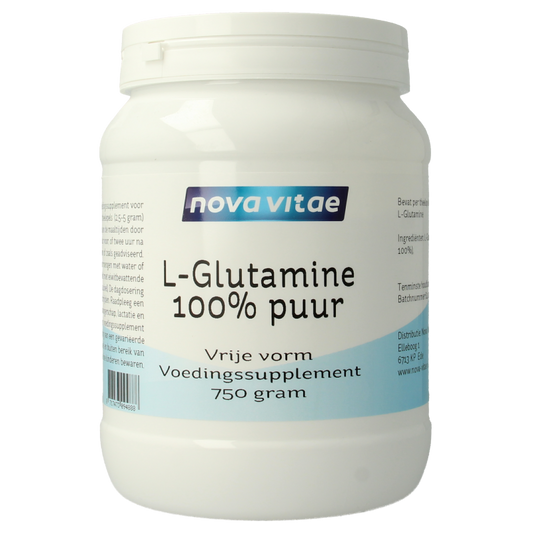Container of Nova Vitae L-Glutamine amino acids supplement in a 750g jar, showing the product label and branding.