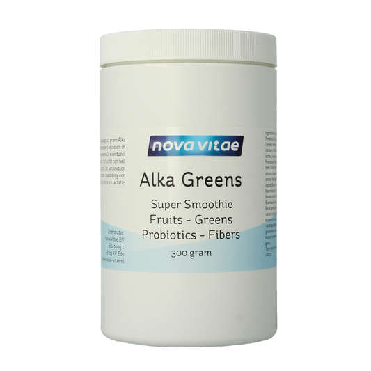Nova Vitae Alka Greens Plus herbal supplement in a 300g container, featuring fresh green herbs for wellness and health benefits.