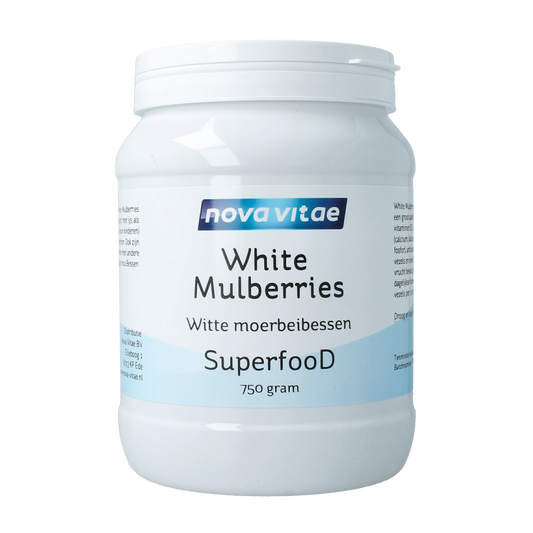 Fresh raw Nova Vitae mulberry berries in a 750g package, showcasing vibrant, ripe purple-black moerbeien in a clear container.