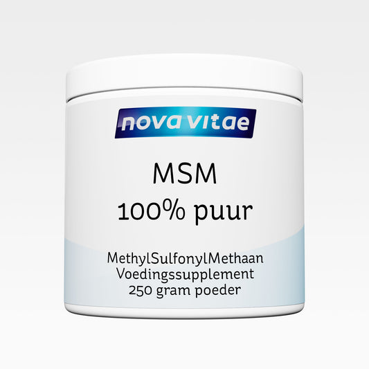 Nova Vitae MSM powder in 500g mineralen enkel container, showing the white crystalline supplement in a clear jar.