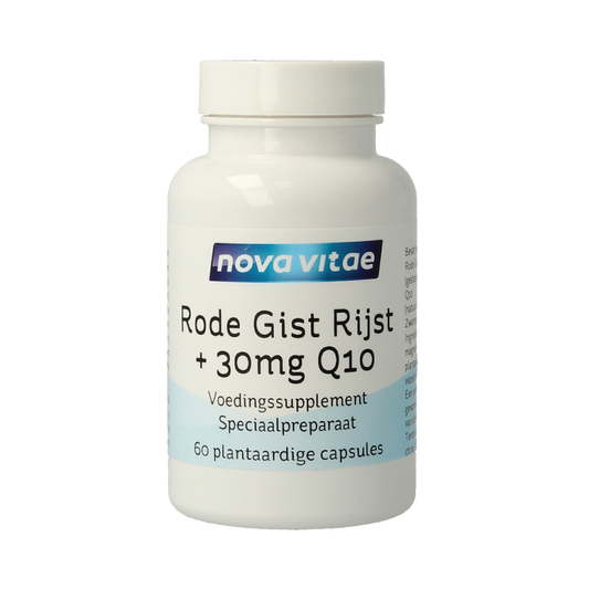 Nova Vitae Rode gist rijst and Q10 vegetarian capsules in a blister pack, dietary supplement for heart health.