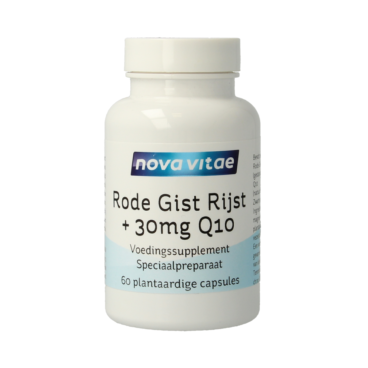 Nova Vitae Rode gist rijst and Q10 vegetarian capsules in a clear container with label showing product details.