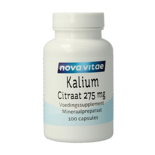 Nova Vitae Kalium citraat 275mg mineral capsules, showing a close-up of the bottle and capsules on a white background.