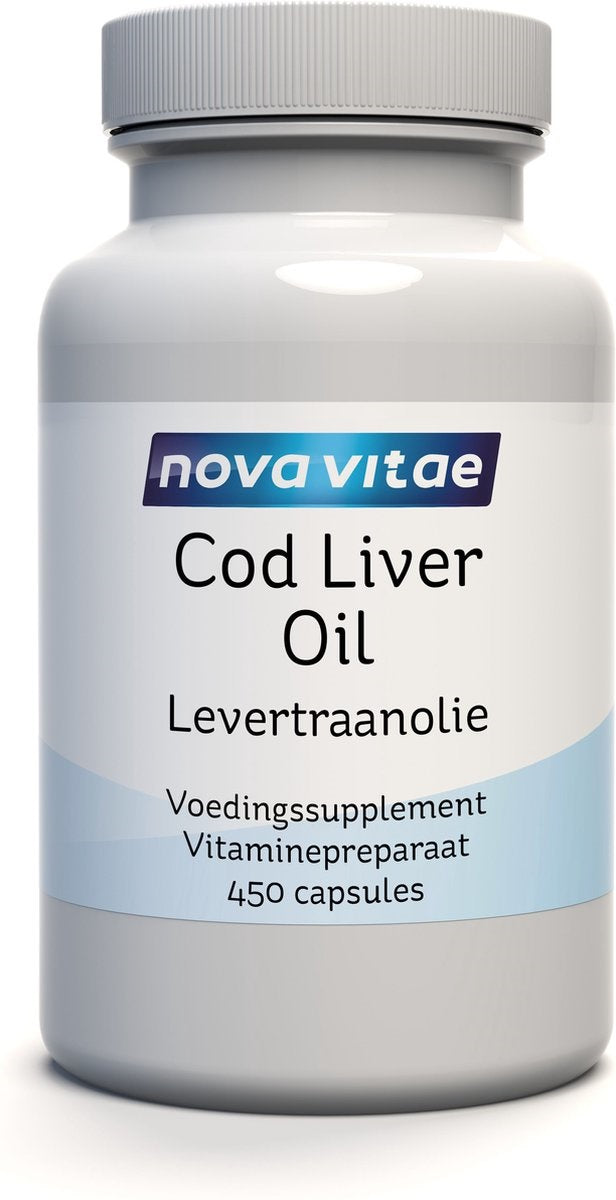 Nova Vitae Levertraanolie capsules, 450-count, omega fatty acids supplement in green and white capsule bottles.