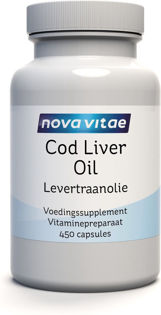 Nova Vitae Levertraanolie capsules, 450-count, omega fatty acids supplement in green and white capsule bottles.