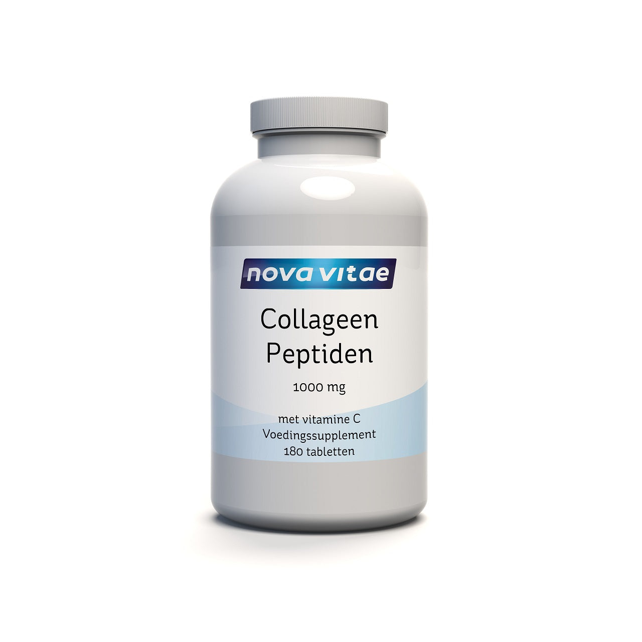 Nova Vitae Collageen Peptiden 1000mg supplement bottles with 180 tablets, dietary supplement for skin and joint health.