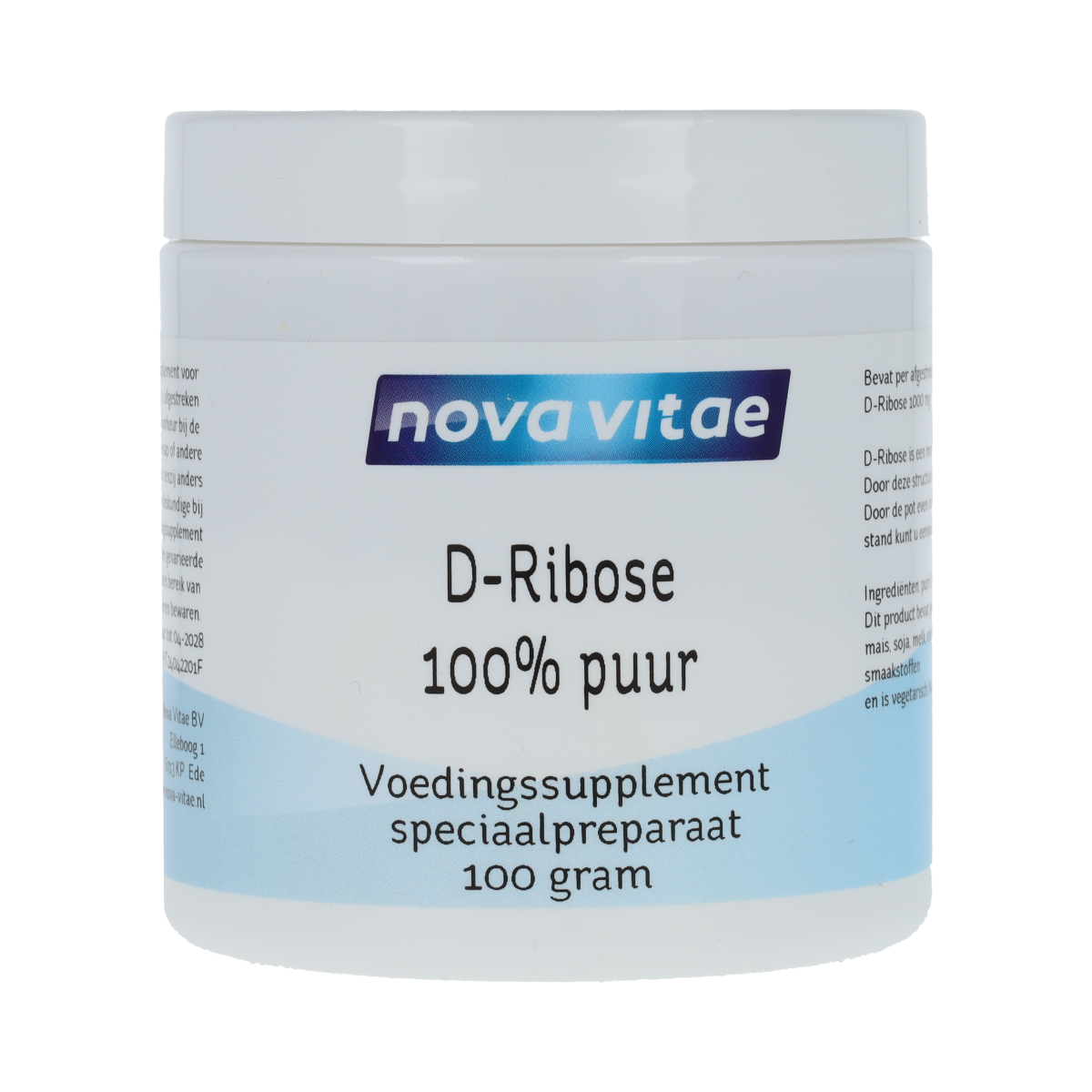Nova Vitae D-Ribose supplement in a 100g container, natural herbal preparation for energy support, featuring the Nova Vitae brand label.