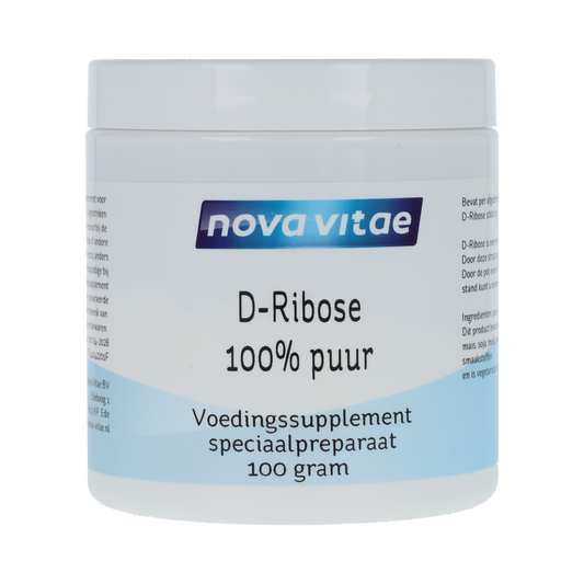 Nova Vitae D-Ribose supplement in a 100g container, natural herbal preparation for energy support, featuring the Nova Vitae brand label.