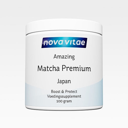 Jar of Nova Vitae Amazing Matcha premium herbal preparation, 100g, green powdered tea in a clear container.