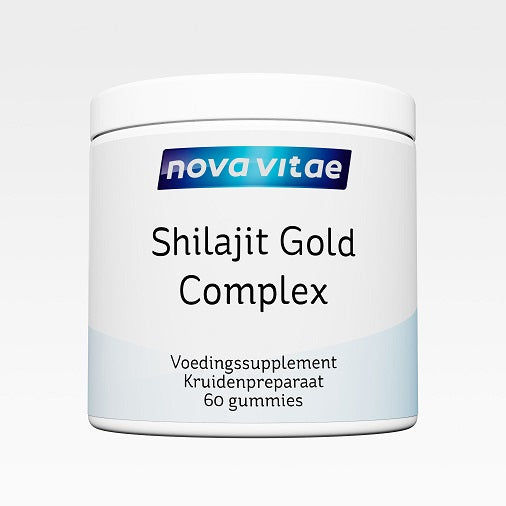 Nova Vitae Shilajit Gold Complex 60 Gummies, herbal supplement with golden-colored gummies, featuring natural ingredients and branding.