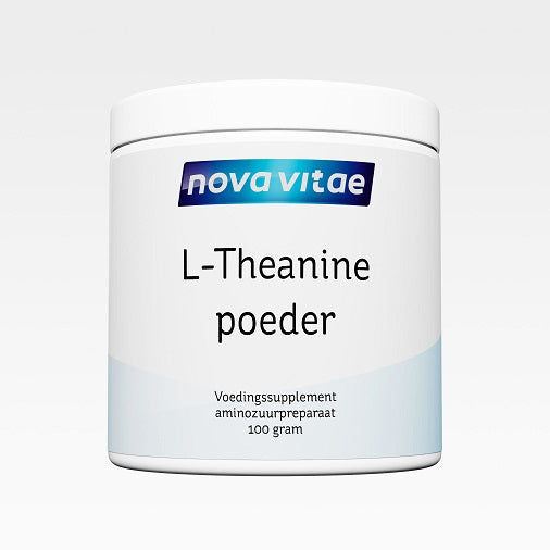 Nova Vitae L-Theanine powder in a 100g container, a natural amino acid supplement with a white, granular appearance.