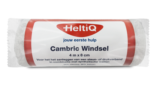 Heltiq Cambric windsel, 4m x 8cm, sterile bandage wrap for medical use, shown in the image.