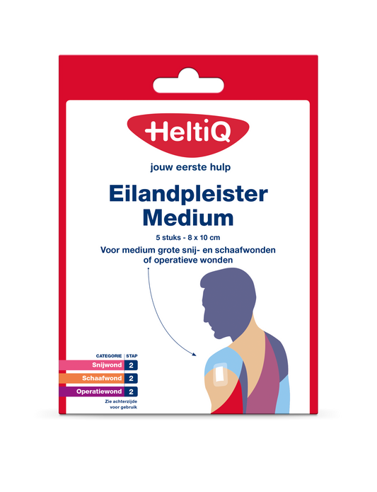 Heltiq Eilandpleisters 8x10cm pack with 5 adhesive bandages shown on a white background.