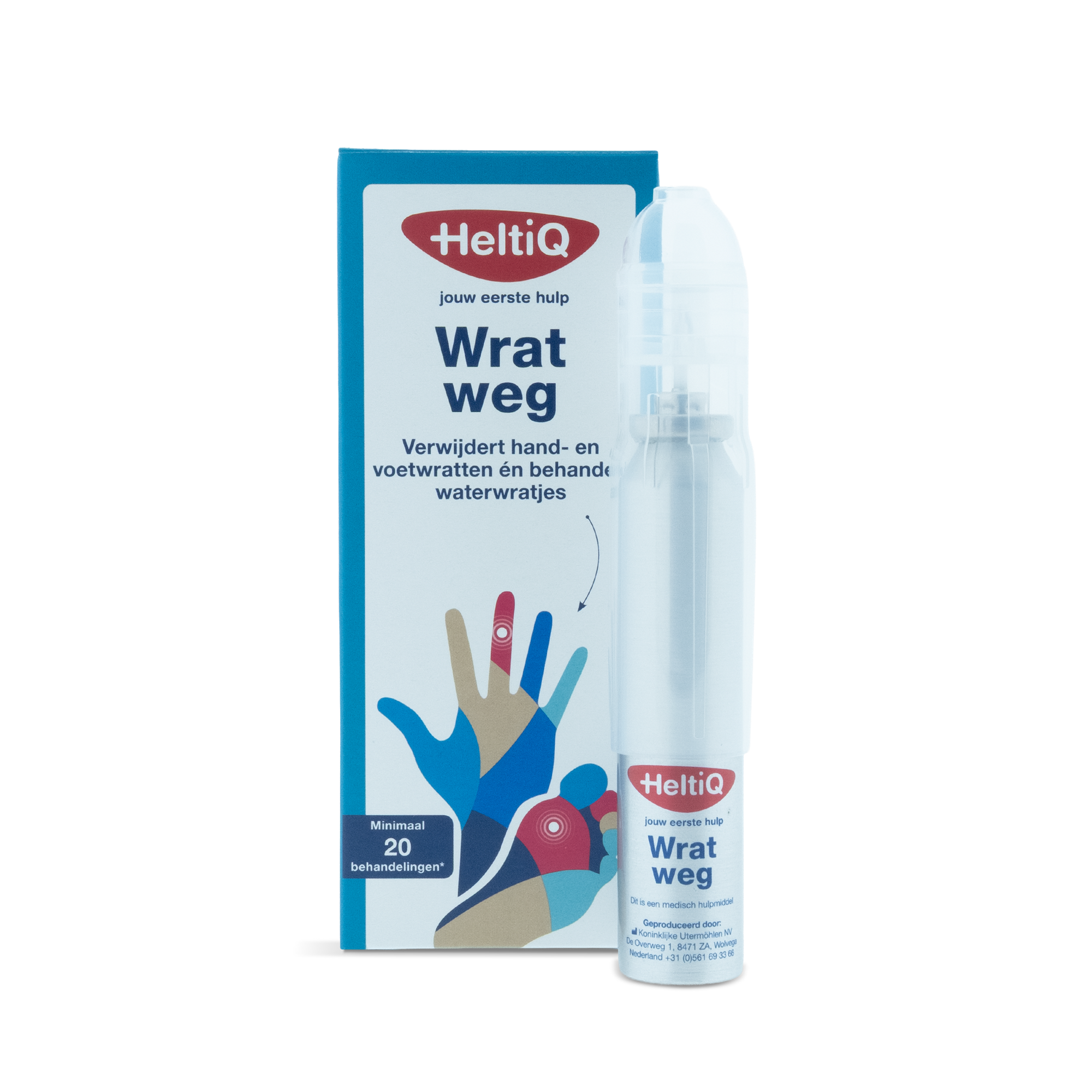 Heltiq Wratweg 38ml liquid for skin care, featuring a white bottle with a blue cap, used for wart removal and skin treatment.