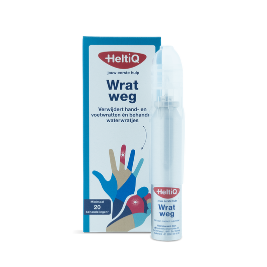 Heltiq Wratweg 38ml liquid for skin care, featuring a white bottle with a blue cap, used for wart removal and skin treatment.