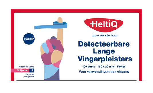 Heltiq Detect vingerpleister lang textiel, 180x20mm, pack of 100, soft fabric bandages for finger injuries.