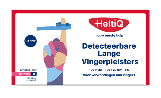 Heltiq Detect long PE adhesive bandages, 120x20mm, for wound care, shown in a box of 100 sterile plasters.