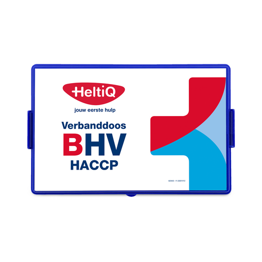 Heltiq EHBO set Verbanddoos B(HV) HACCP with first aid supplies in a compact kit, ideal for workplace safety.
