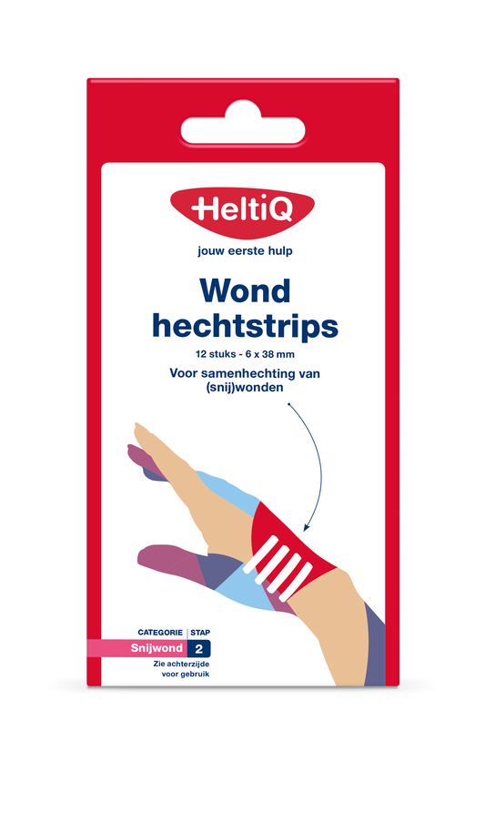 Heltiq Wondhechtstrips adhesive bandages and tape, 12 pieces, for wound care and skin protection.
