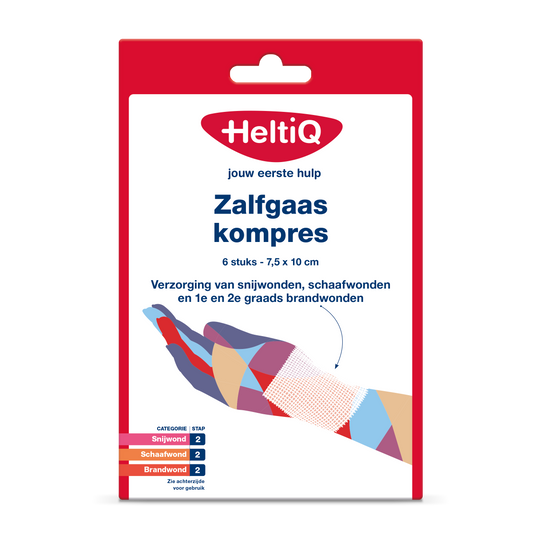 Heltiq Zalfgaaskompres 7.5 x 10cm, pack of 6 sterile gauze compresses for wound care, shown in the image.
