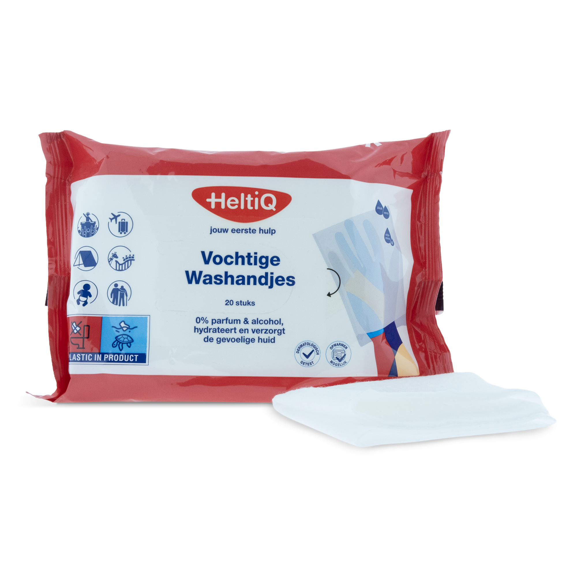 Heltiq Vochtige washandjes 20 stuks, soft and moist washcloths for bath and shower use, shown in the image.