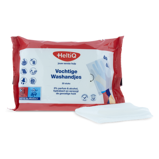 Heltiq Vochtige washandjes 20 stuks, soft and moist washcloths for bath and shower use, shown in the image.
