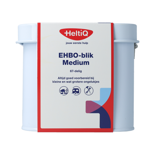 Heltiq EHBO Blik Medium first aid kit with bandages and medical supplies in a compact container, designed for emergency use.