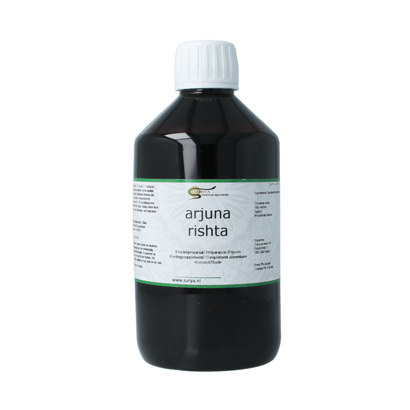 Surya Arjuna rishta herbal supplement in 500ml bottle, part of Surya kruidenpreparaten collection, with label details visible.