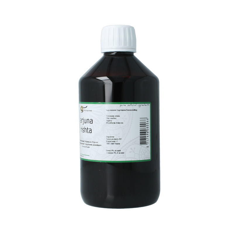 Surya Arjuna Rishta herbal preparation bottle, 500ml, in a clear container with a label showing herbal ingredients.