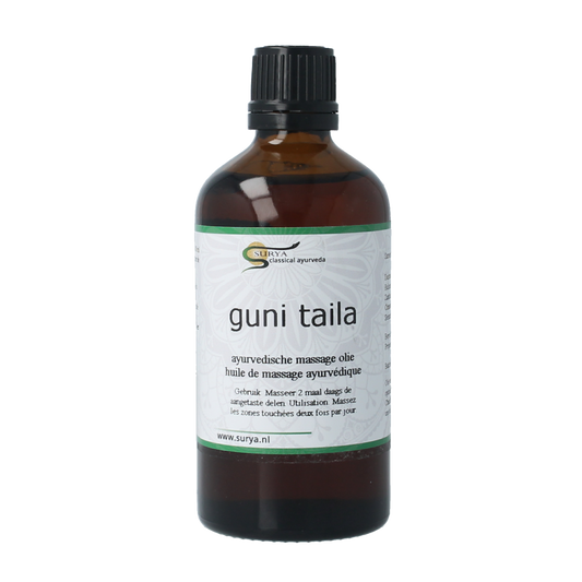 Surya Guni Taila 100ml herbal body oil in a clear glass bottle with a white cap, used for natural body care.