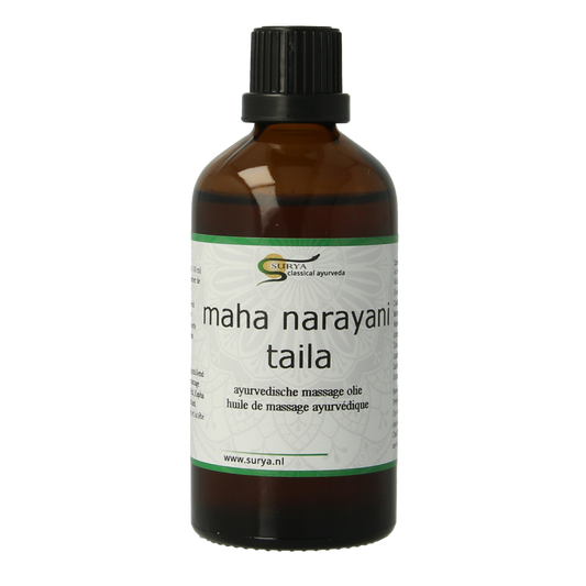 Surya Mahanarayani taila 100ml bottle, traditional Indian body care oil with a golden liquid appearance and natural ingredients.