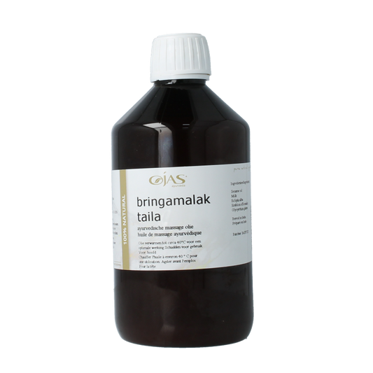 Ojas Bringamalak taila 500ml bottle, natural body oil for skincare, with a clear label and golden oil inside.