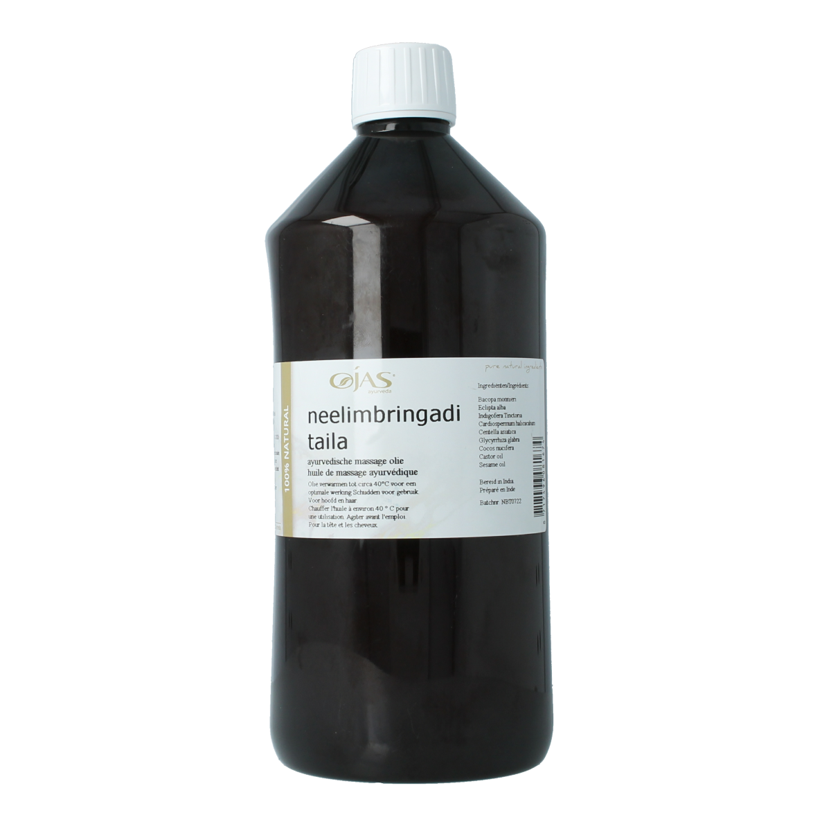Ojas Neelimbringadi Taila 1L bottle, traditional hair care oil with herbal ingredients, in a transparent plastic container.