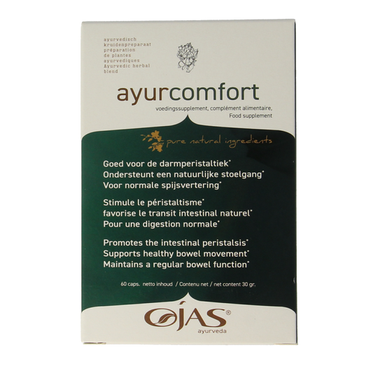 Ojas Ayurcomfort Kruidenpreparaten capsules in a bottle, dietary supplement by Ojas for wellness and herbal health support.