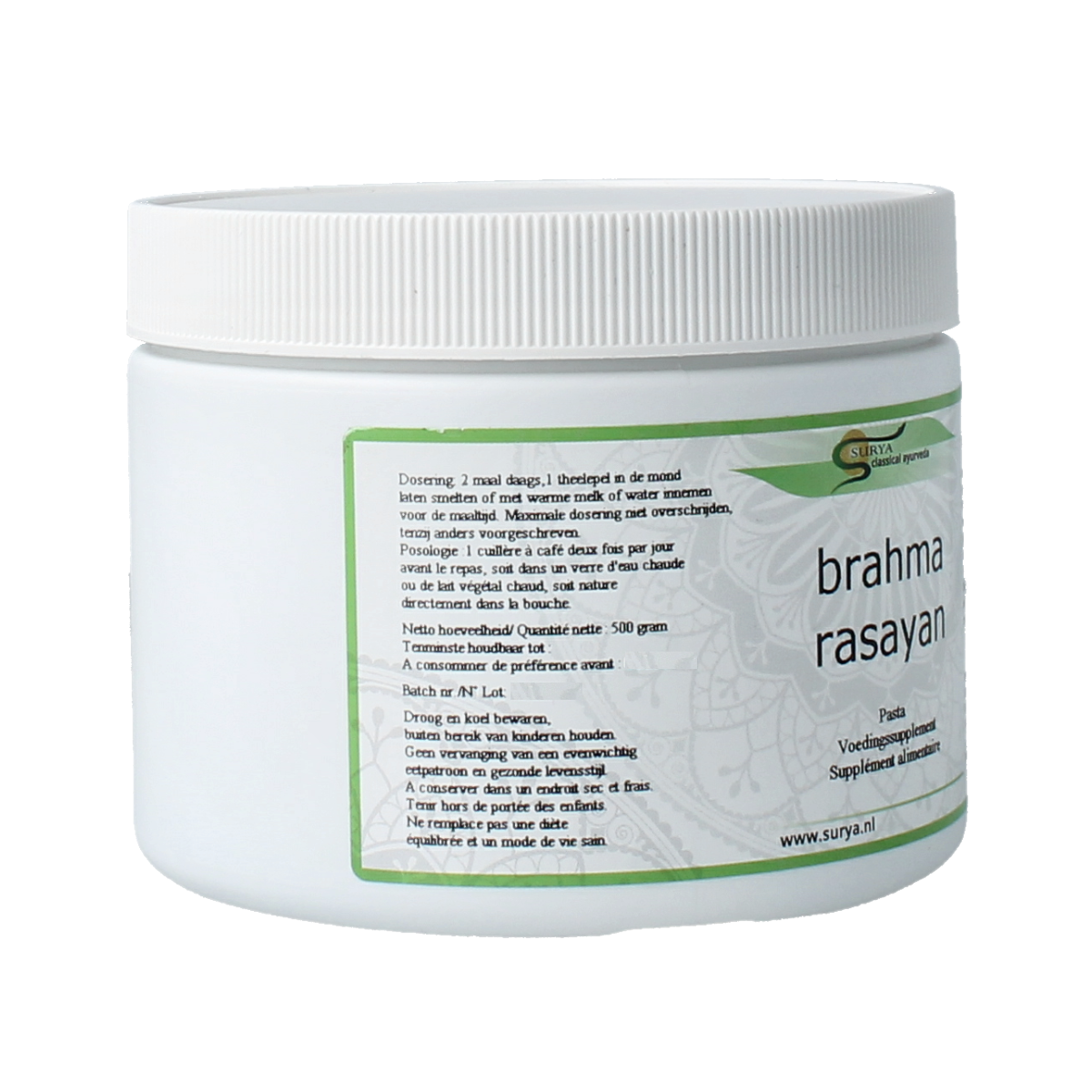 Surya Brahma Rasayan herbal supplement in a 500g package, part of Surya's kruidenpreparaten collection, shown in the image.