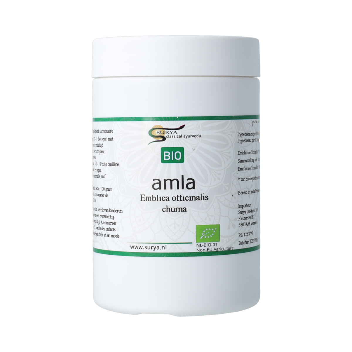Surya Amla Churna bio in 100g package, herbal powder from Surya for nutritional and wellness use