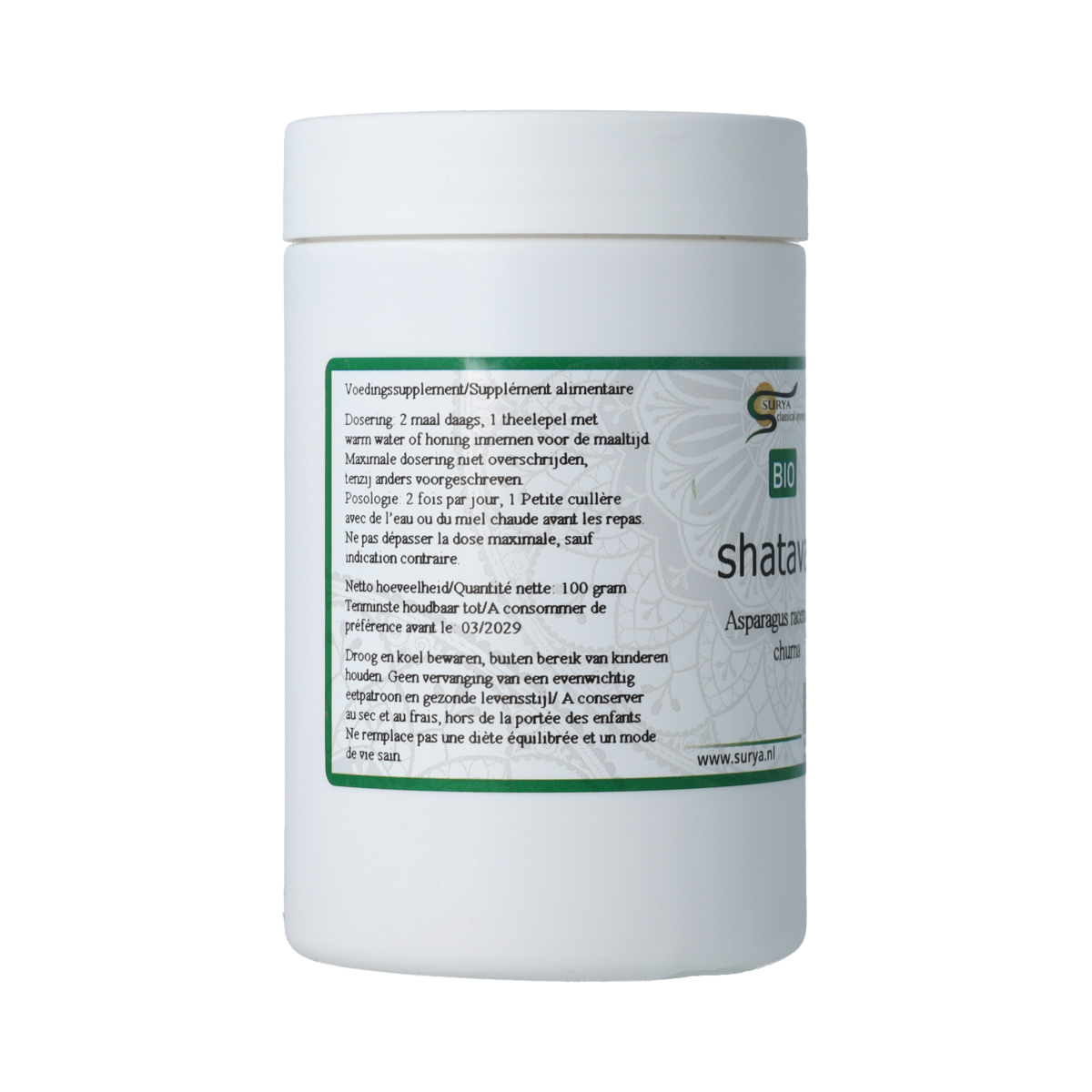 Surya Shatavari Churna bio, herbal powder in a 100g package, natural herbal supplement from Surya for wellness.