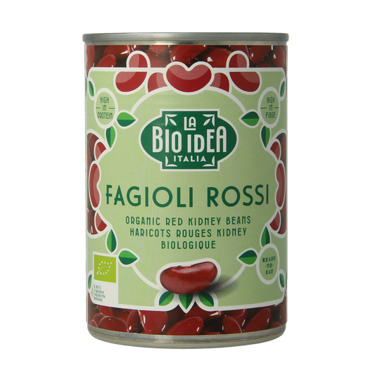Bioidea Rode kidneybonen bio 400g, fresh organic red kidney beans in a clear package, suitable for cooking and healthy meals.