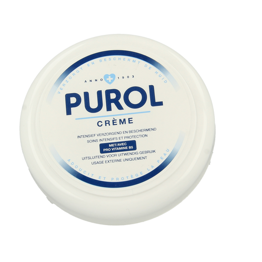 Purol Creme pot 150ml for body care, showing a cream container with the Purol branding and a white lid.