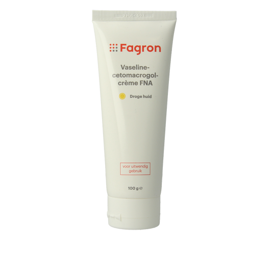 Fagron Vaselinecetomacrogol creme in 100g jar, a body care product with a smooth, creamy texture for skin moisturizing.
