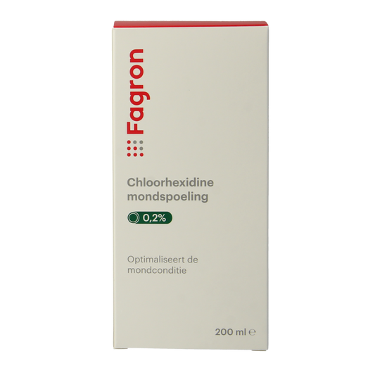 Fagron chlorhexidine mouthwash 0.2% in 200ml bottle, antibacterial oral rinse for oral hygiene and gum care.