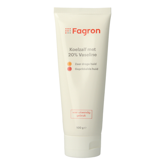 Fagron Koelzalf with 20% vaseline, 100g, soothing body care cream in a white jar with label and blue cap.