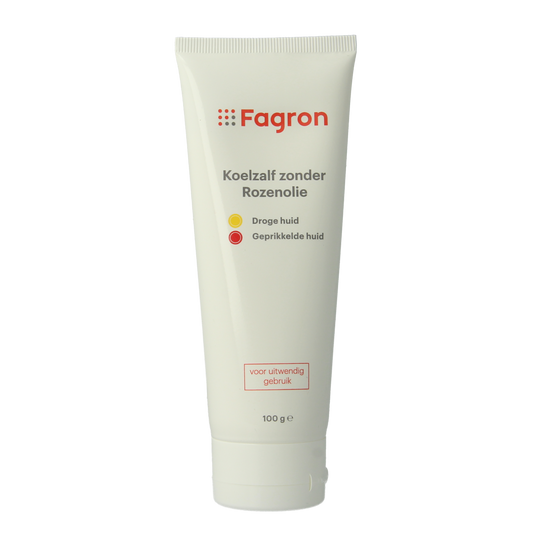 Fagron Koelzalf lichaamsverzorging zonder rozenolie, 100 gram, open tube showing the cream inside, no packaging or leaflet visible.