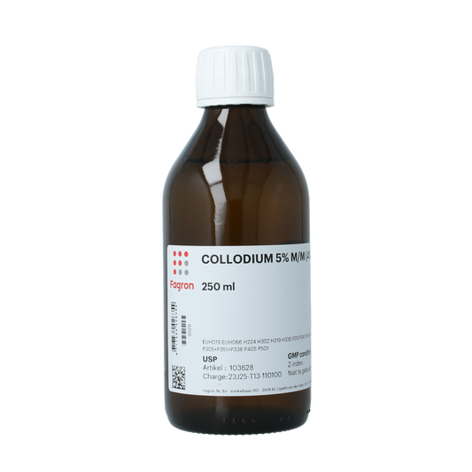 Fagron Collodium USP 250ml bottle for body care, clear liquid in a white plastic container with a screw cap