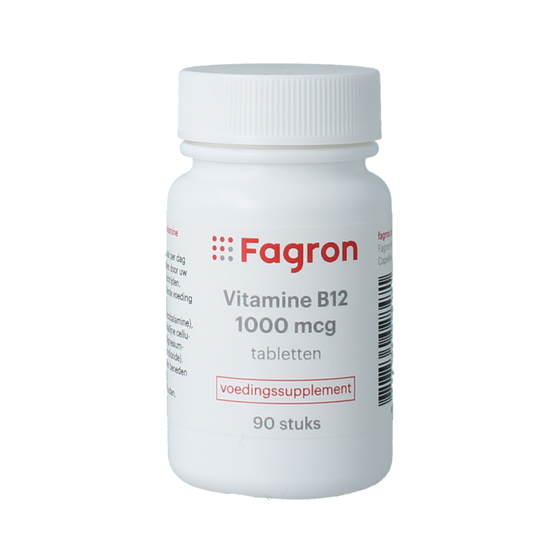Fagron Vitamine B12 1000mcg supplement in a bottle of 90 tablets, shown in a close-up image.